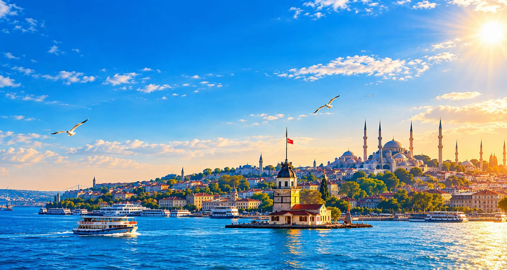 Sunset view of the Blue Mosque and Bosphorus in Istanbul, Turkey